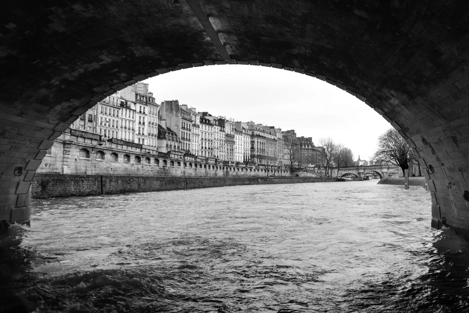 Scenic black and white view of River Seine and historic Parisian buildings from under a bridge