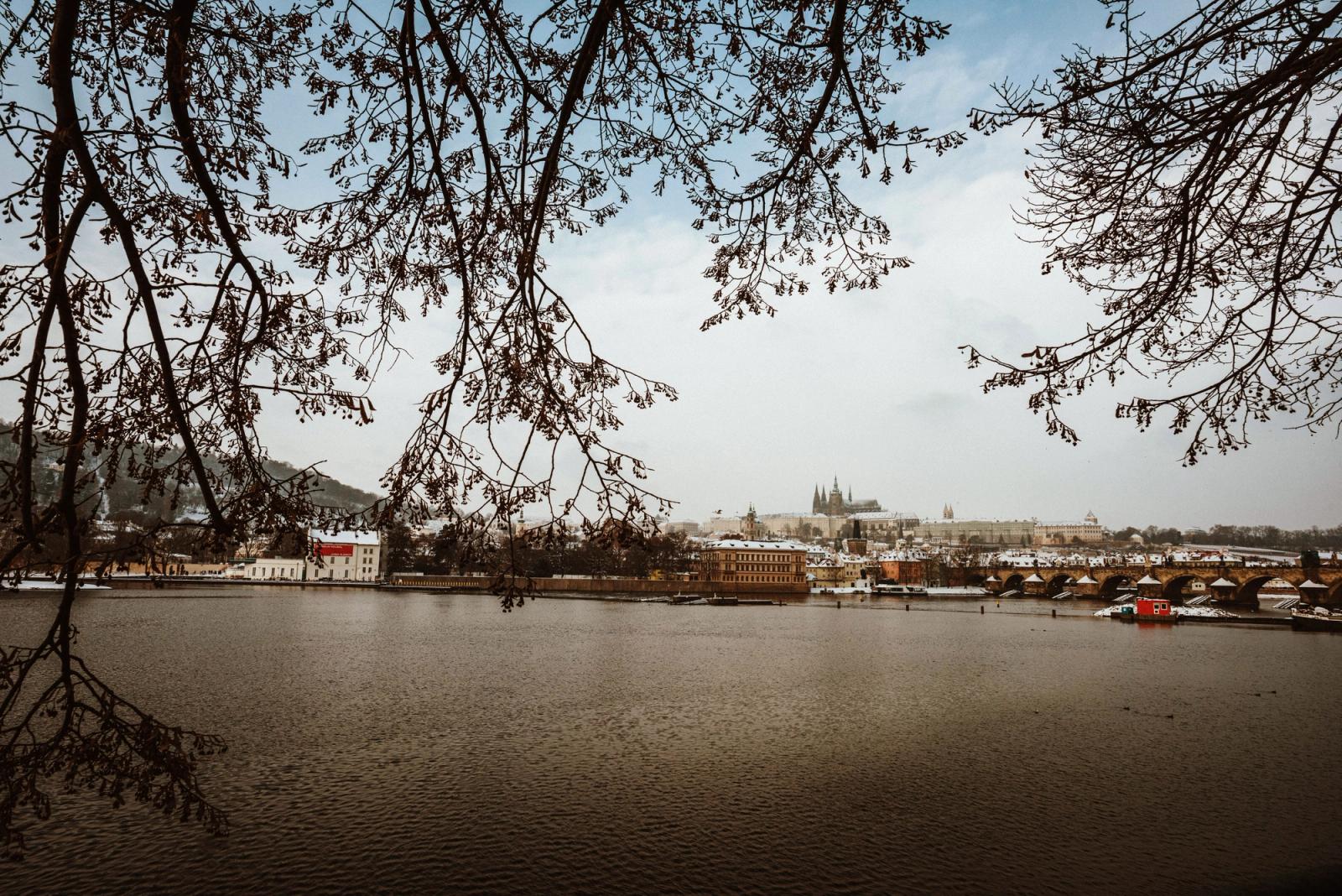 Stunning winter view of Prague Castle across the Vltava River with branches framing the scene