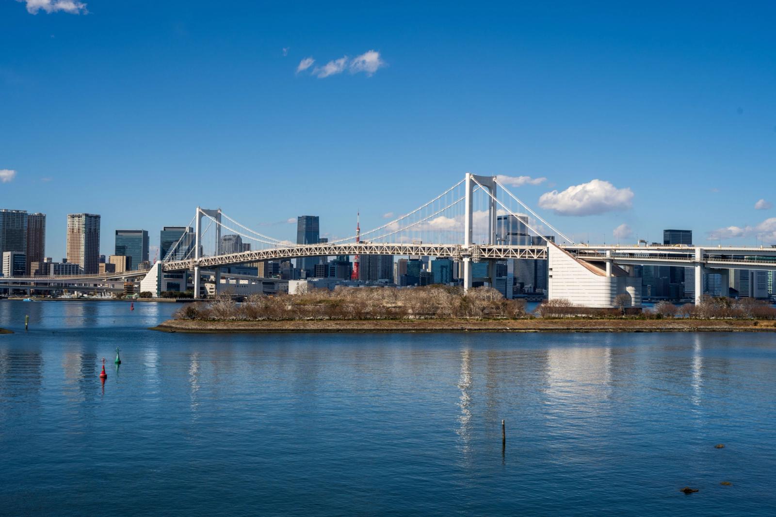 Beautiful view of the iconic Rainbow Bridge spanning Tokyo Bay with city skyline in the background