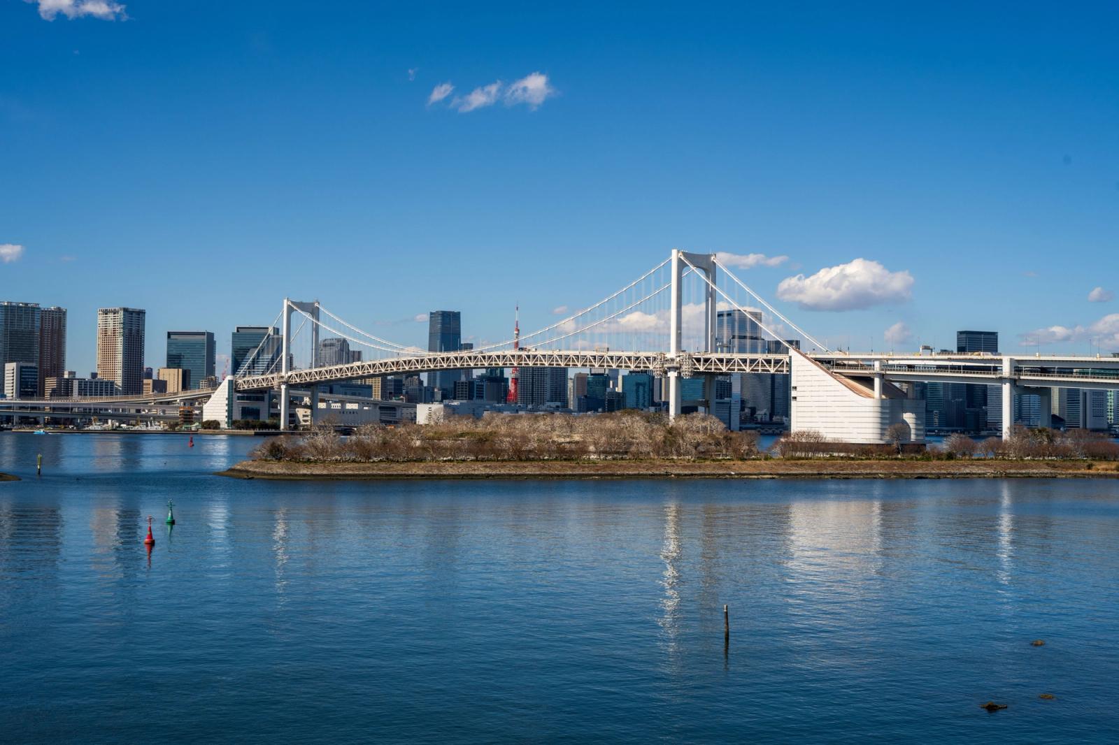 Beautiful view of the iconic Rainbow Bridge spanning Tokyo Bay with city skyline in the background