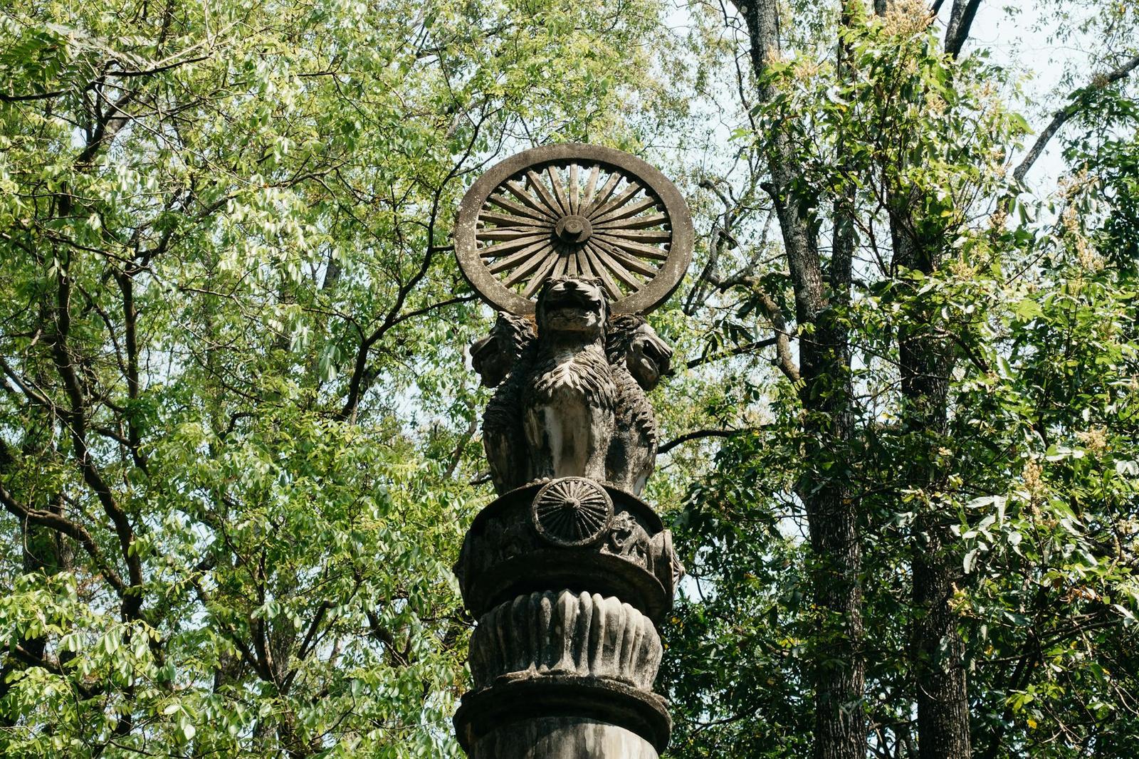 A carved stone pillar with a wheel motif rising among leafy green trees