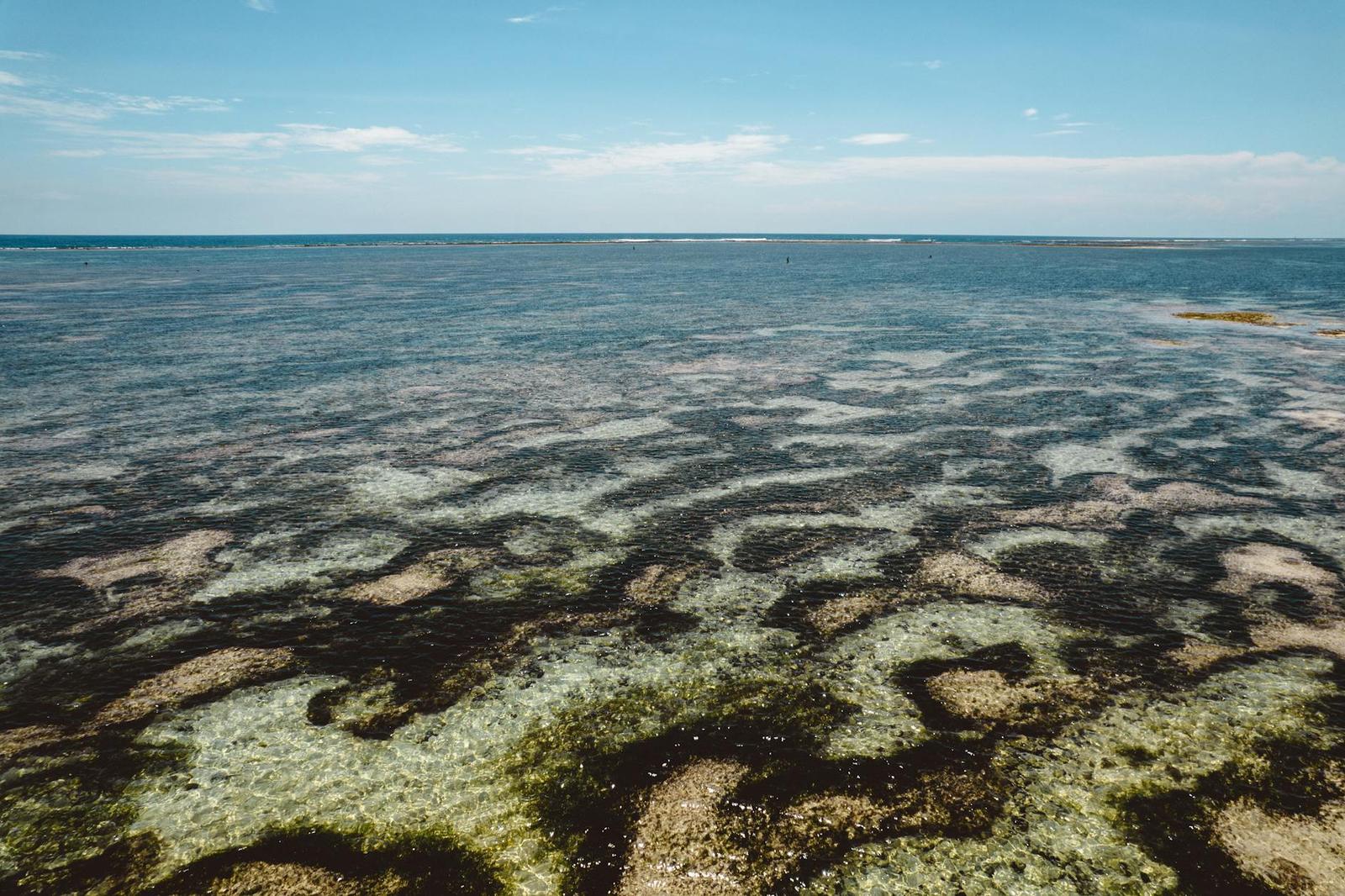 A shallow coral reef visible through clear turquoise water near the shore