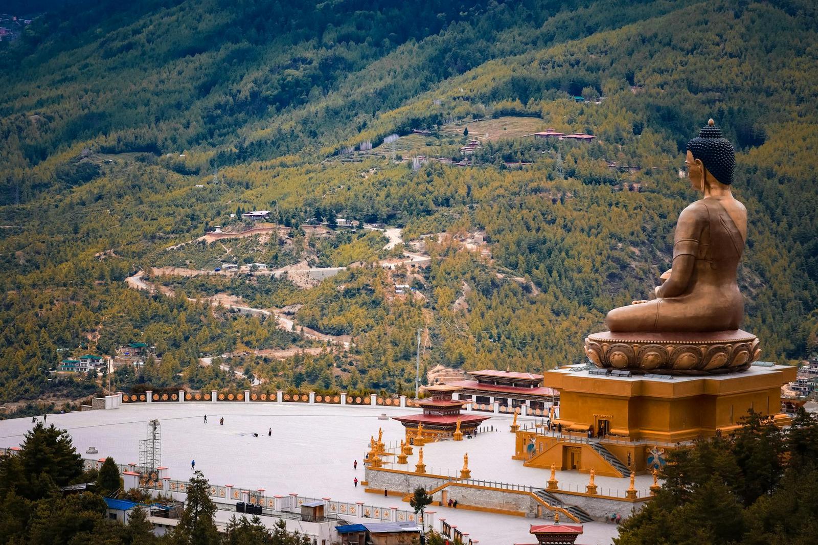 A breathtaking view of the Buddha Dordenma statue in Bhutan, surrounded by lush green hills