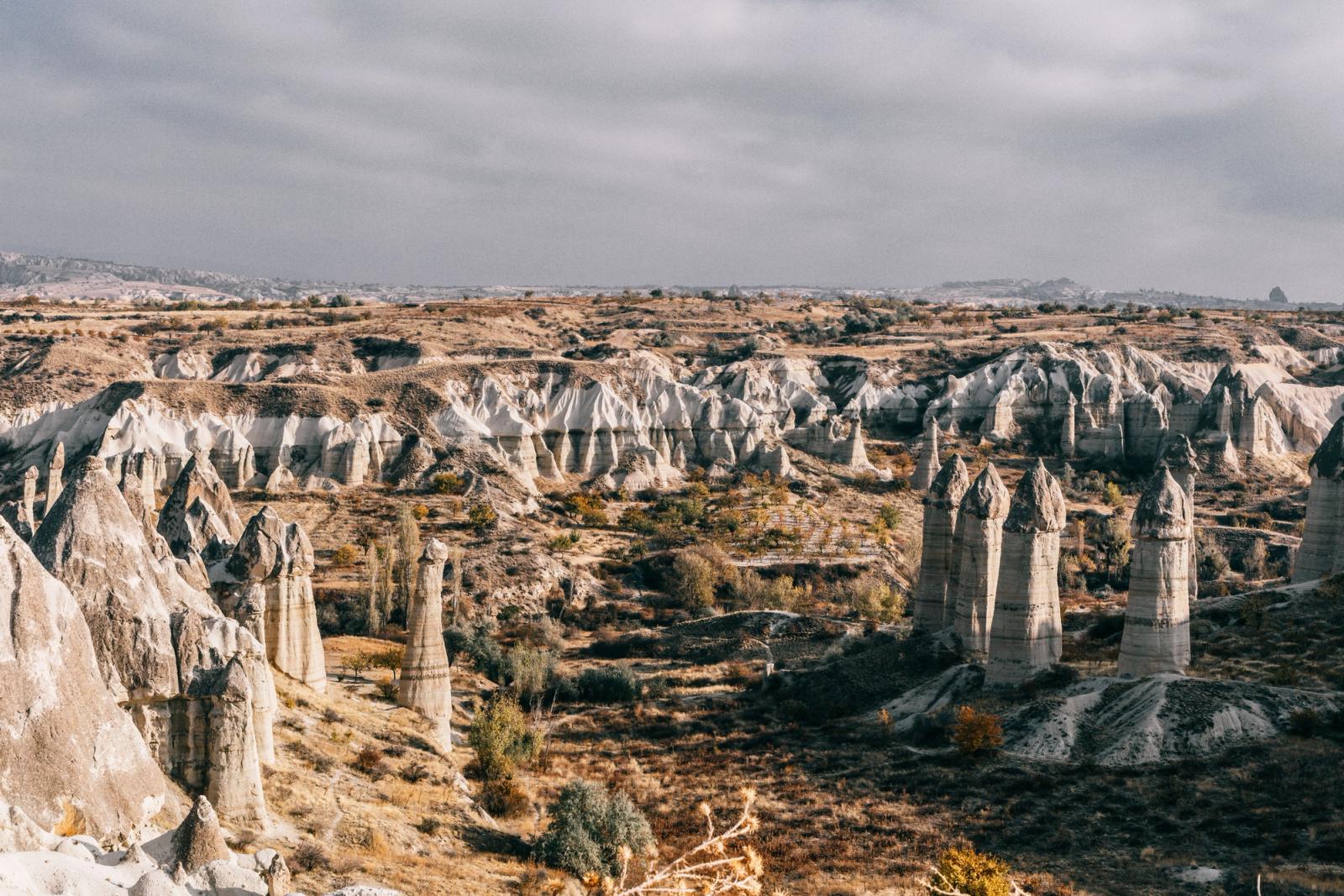 Landscape of uneven rocky formations near dry rough hills and bushes with plants in Turkey in Cappadocia region under gray cloudy sky in highlands in summer day