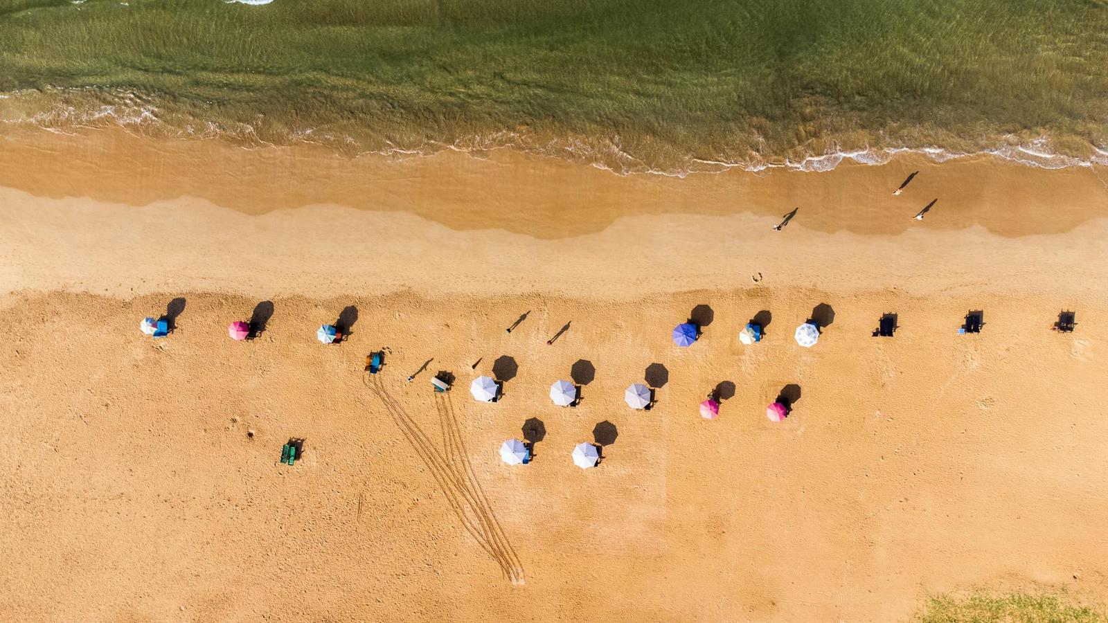 Stunning aerial photo of colorful beach umbrellas on the sandy shores of Bentota, Sri Lanka