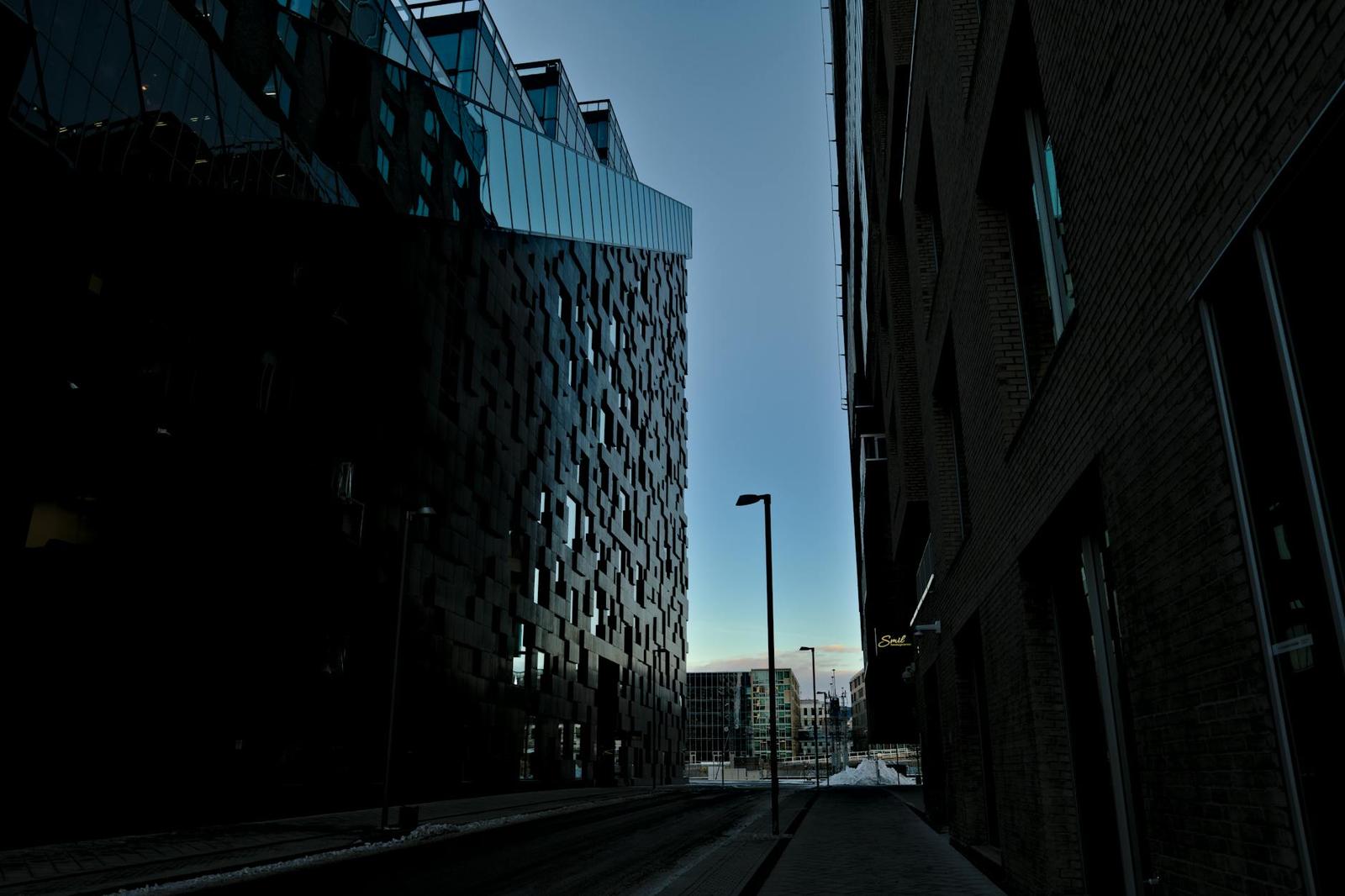 A dark modern building with a scaled facade lit by a lone street lamp at dusk