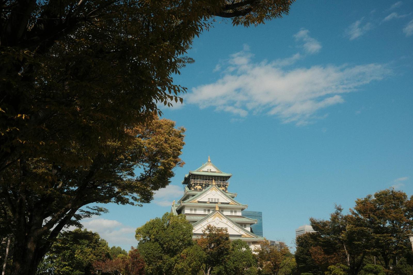 A tiered castle tower with green roofs framed by autumn foliage