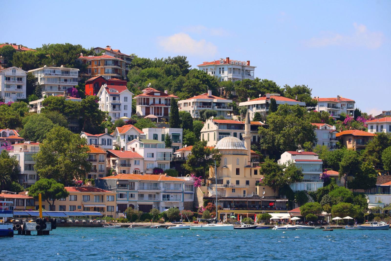 Beautiful coastal view of Istanbul, showcasing colorful houses and lush greenery by the sea