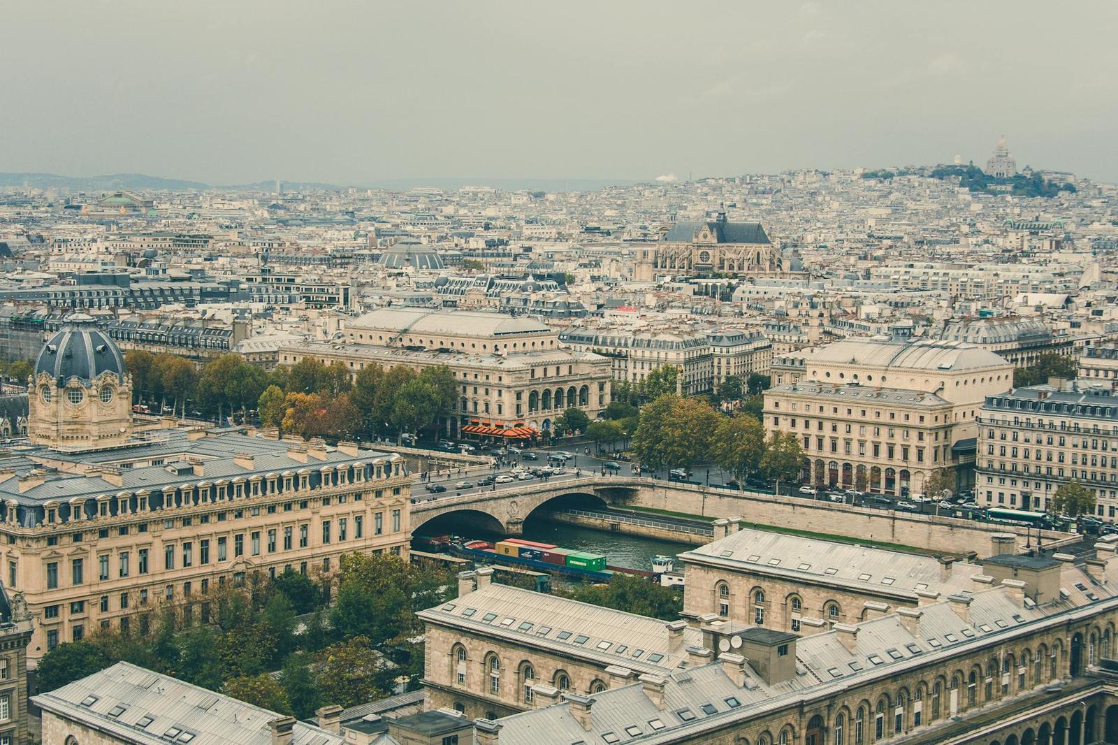 An aerial cityscape of domed and mansard-roofed buildings along a winding river