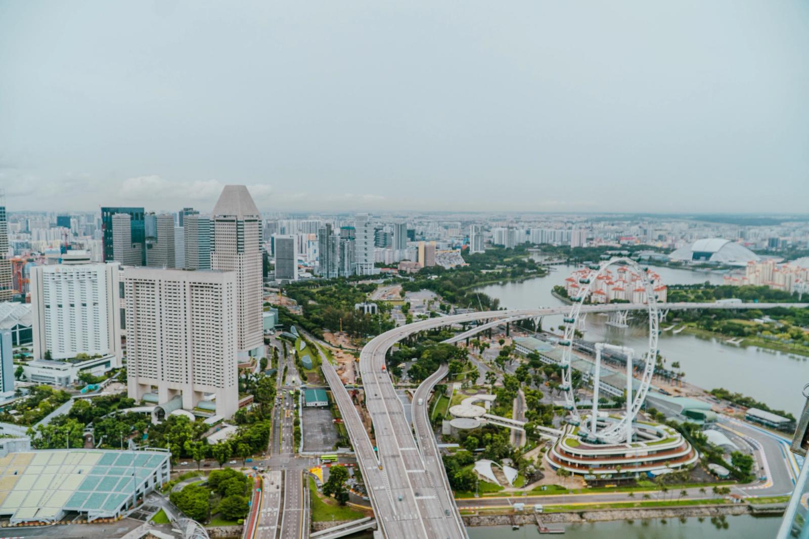 Stunning aerial view of Singapore cityscape featuring Marina Bay Sands and Singapore Flyer on a cloudy day