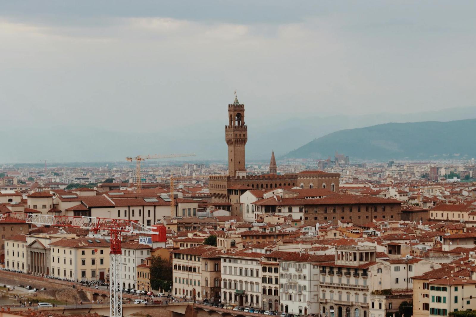 A red-roofed city skyline with a tall stone clock tower