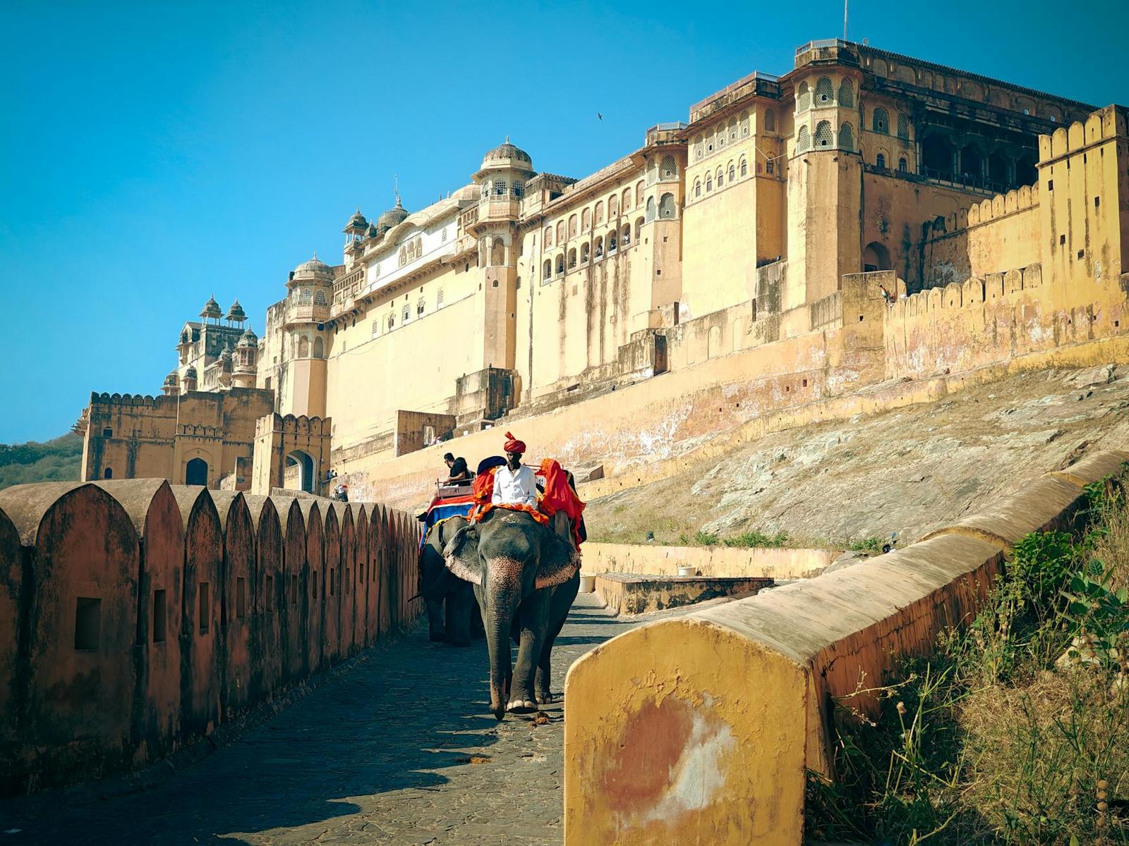 Tourists enjoy an elephant ride at Amber Fort, a majestic Rajasthan landmark
