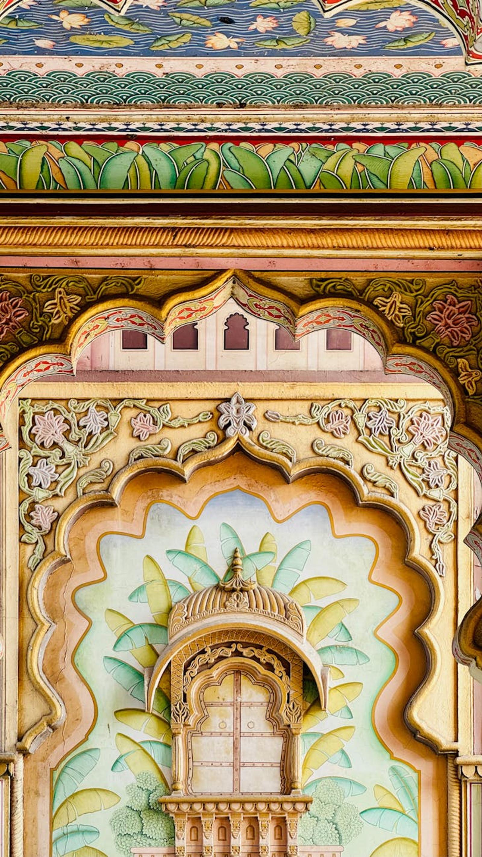 Intricate and vibrant architectural detailing at the City Palace in Jaipur, India