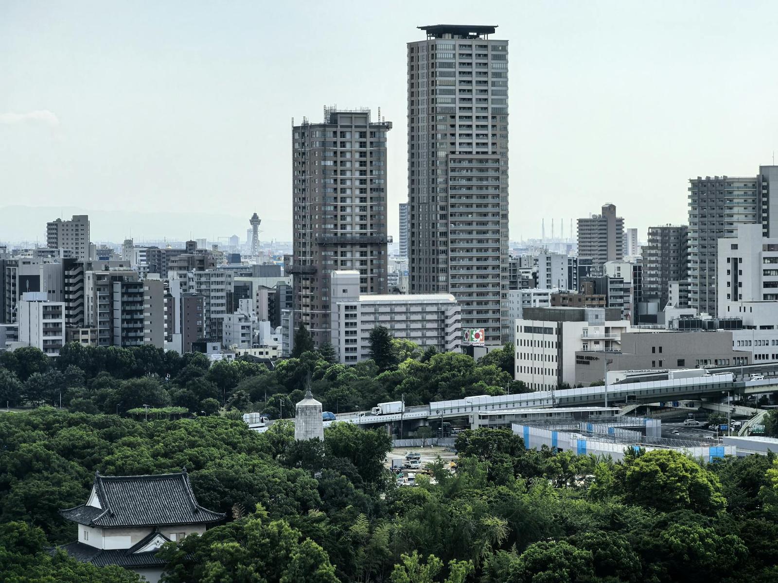 High-rise towers and a monorail line above a park with a traditional gate