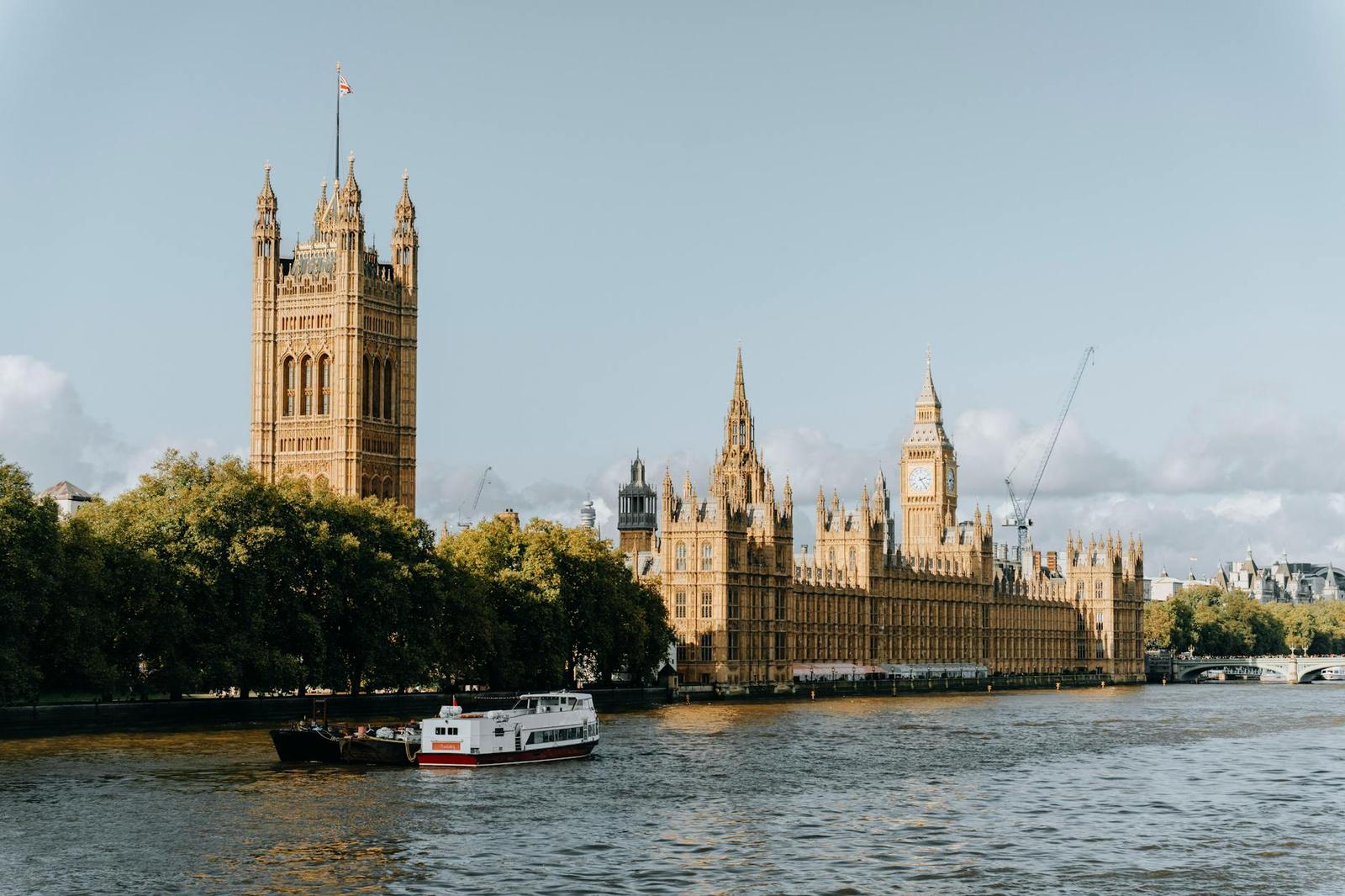 View of the iconic Houses of Parliament and Big Ben along the River Thames in central London