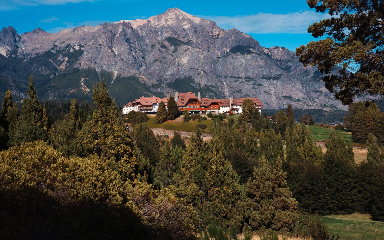 Scenic landscape of Hotel Llao Llao against Andes mountains in Bariloche, Argentina