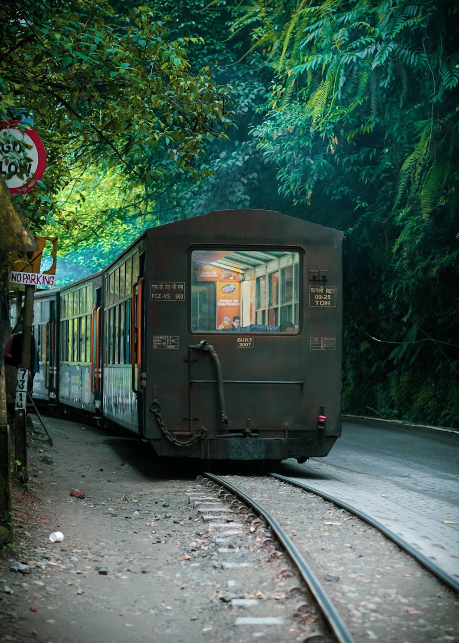 Vintage narrow-gauge train winding through a forested mountain road