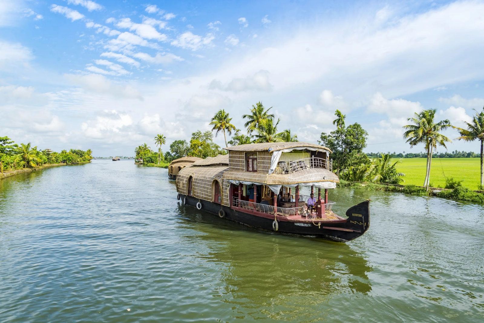 A traditional houseboat cruising a palm lined backwater channel