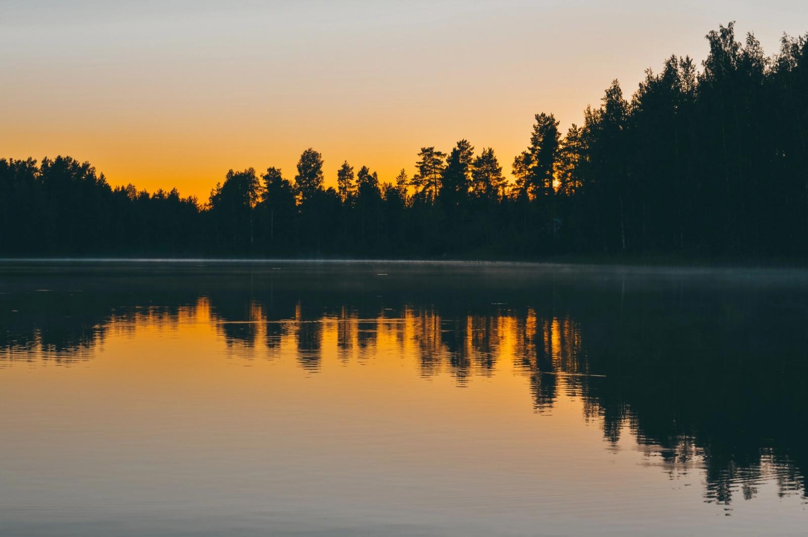 Peaceful early morning sunrise over a tranquil lake in Jyväskylä, Finland, with tree silhouettes reflecting in the water