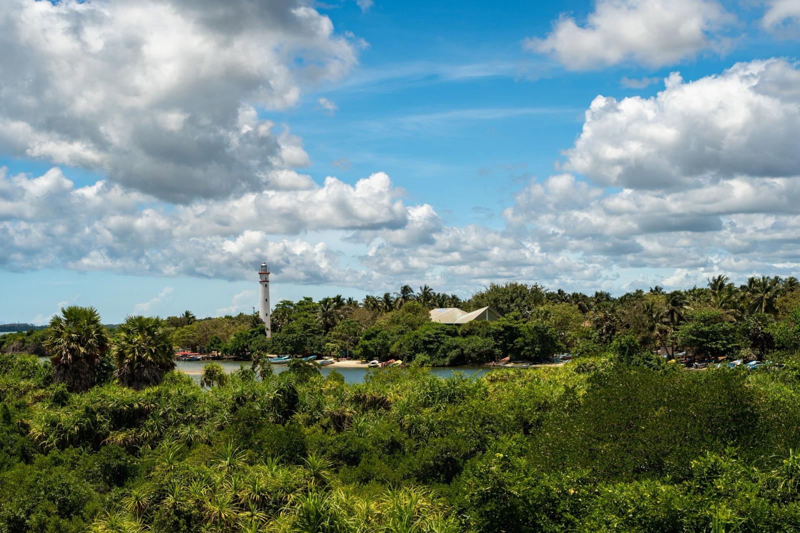 A beautiful landscape of Batticaloa Lagoon with a lighthouse and lush greenery under a clear sky