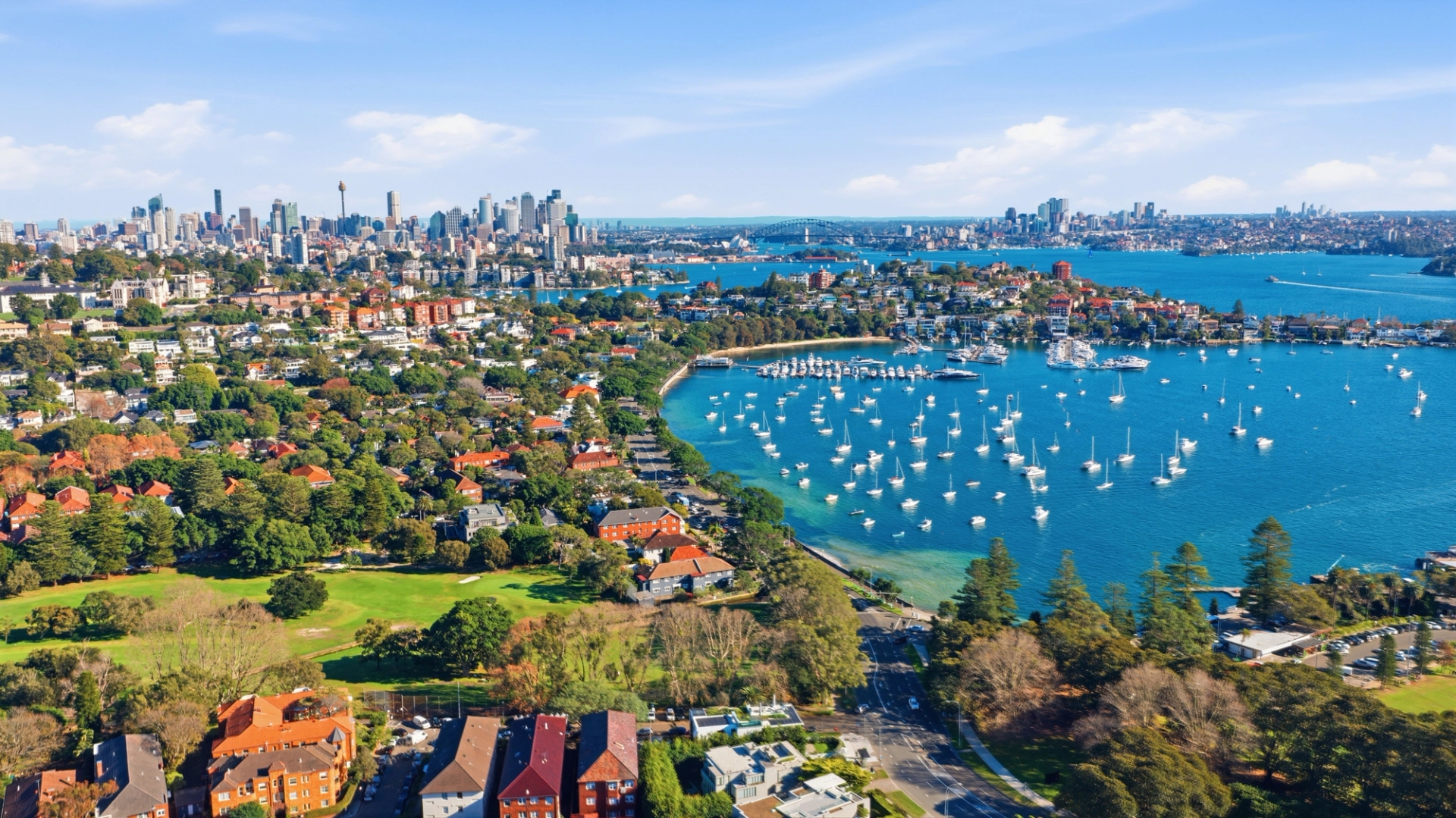 Breathtaking aerial view of Sydney with harbor, cityscape, and greenery