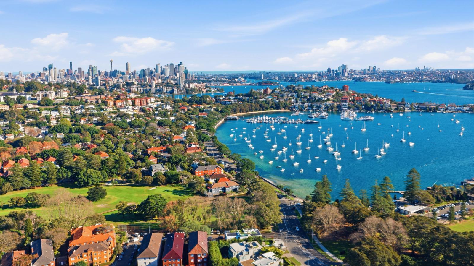 Breathtaking aerial view of Sydney with harbor, cityscape, and greenery