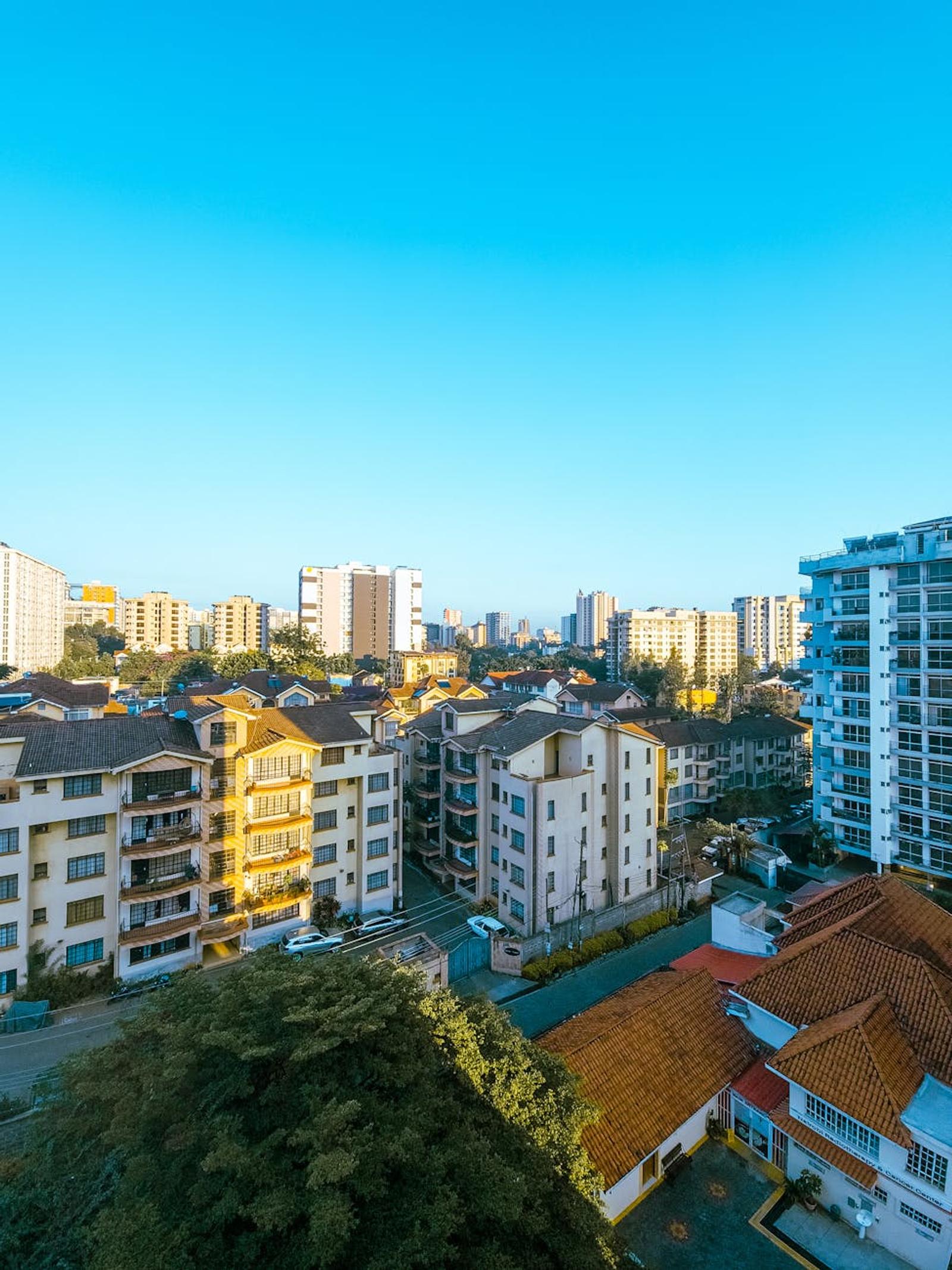 Beautiful aerial view of Nairobi's urban architecture and skyline under a clear blue sky