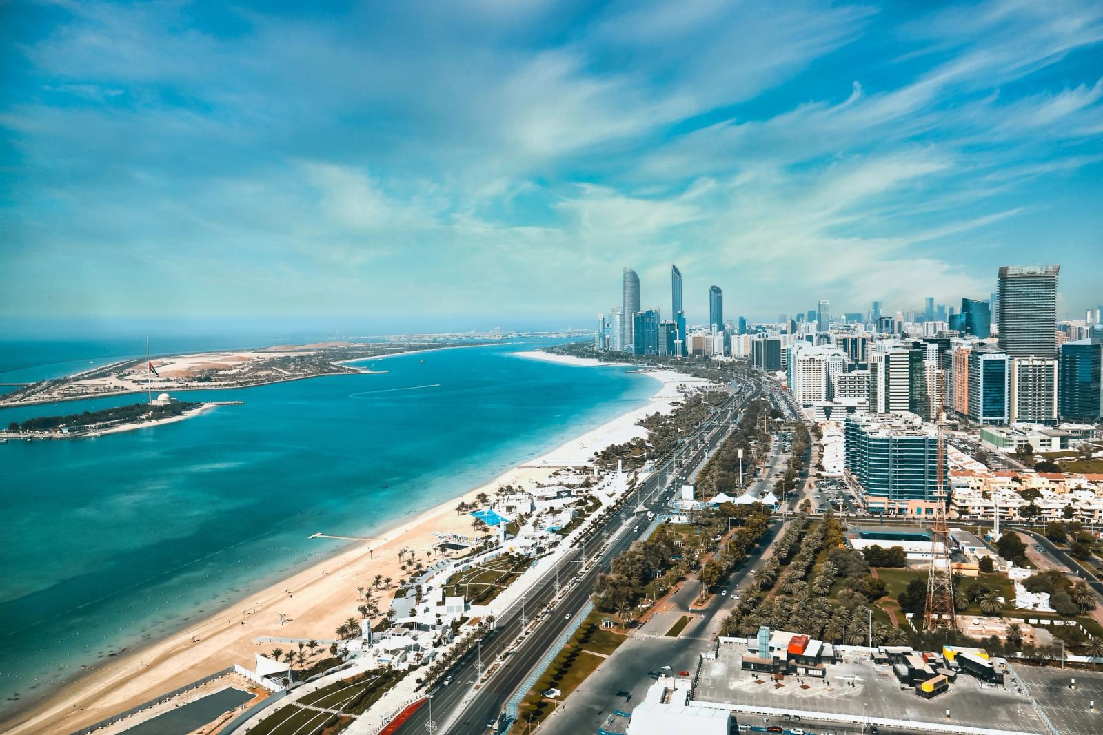 Breathtaking aerial image capturing the modern skyline and beautiful coastline of Abu Dhabi