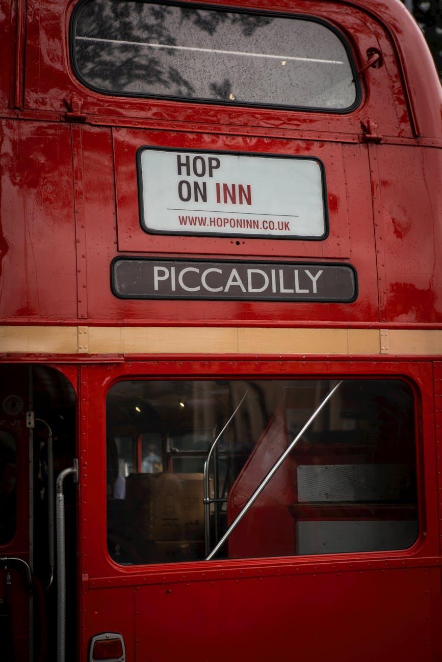Close view of a red double-decker bus destination sign for Piccadilly