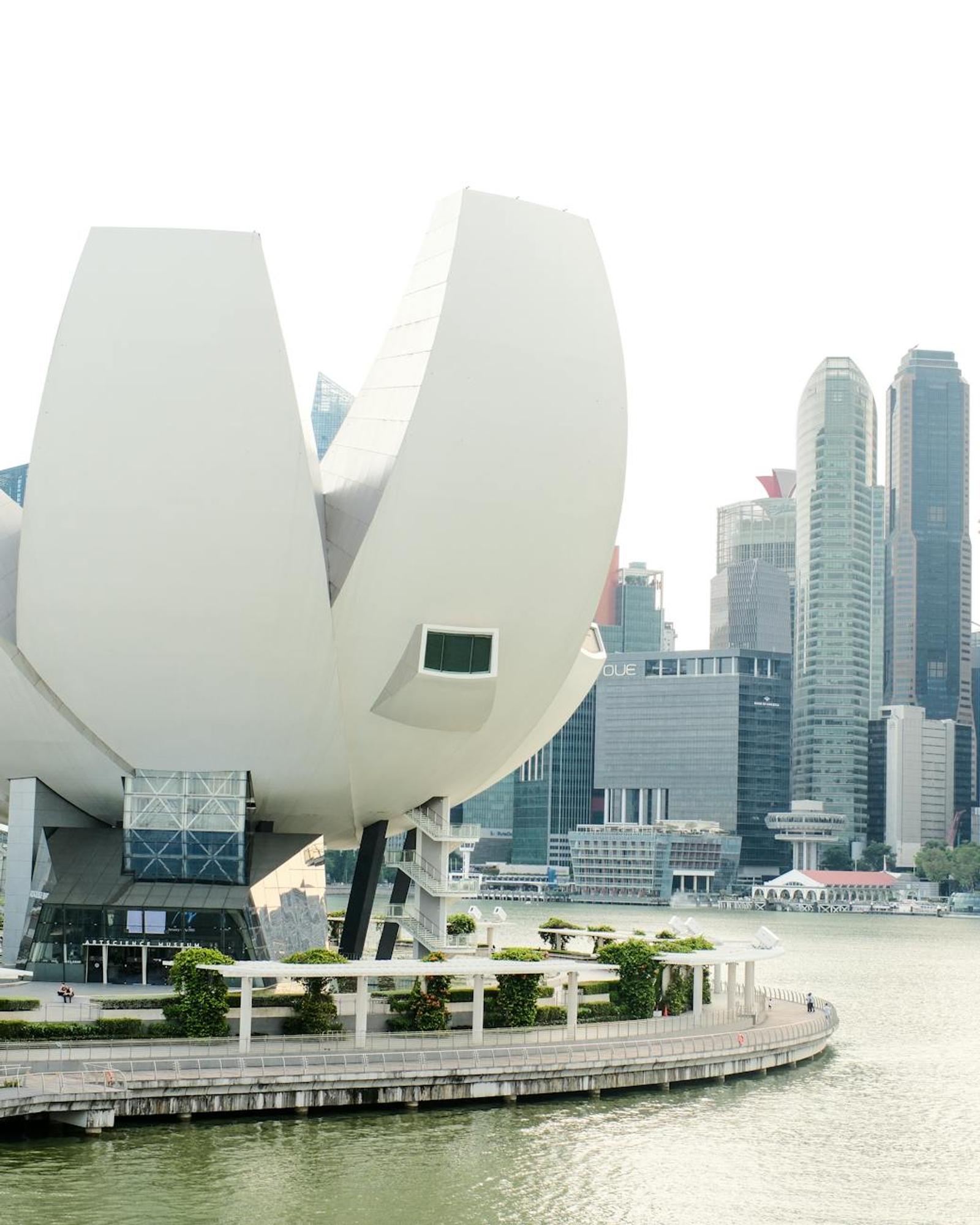 View of the iconic ArtScience Museum with Singapore's vibrant skyline in the background