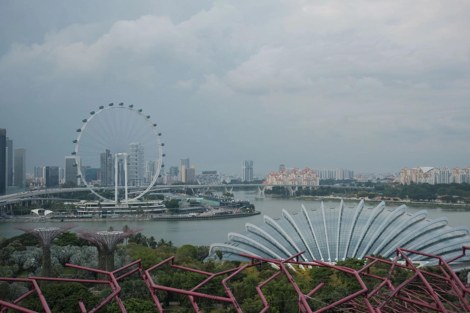Aerial view of Singapore cityscape featuring the Singapore Flyer and Marina Bay skyline