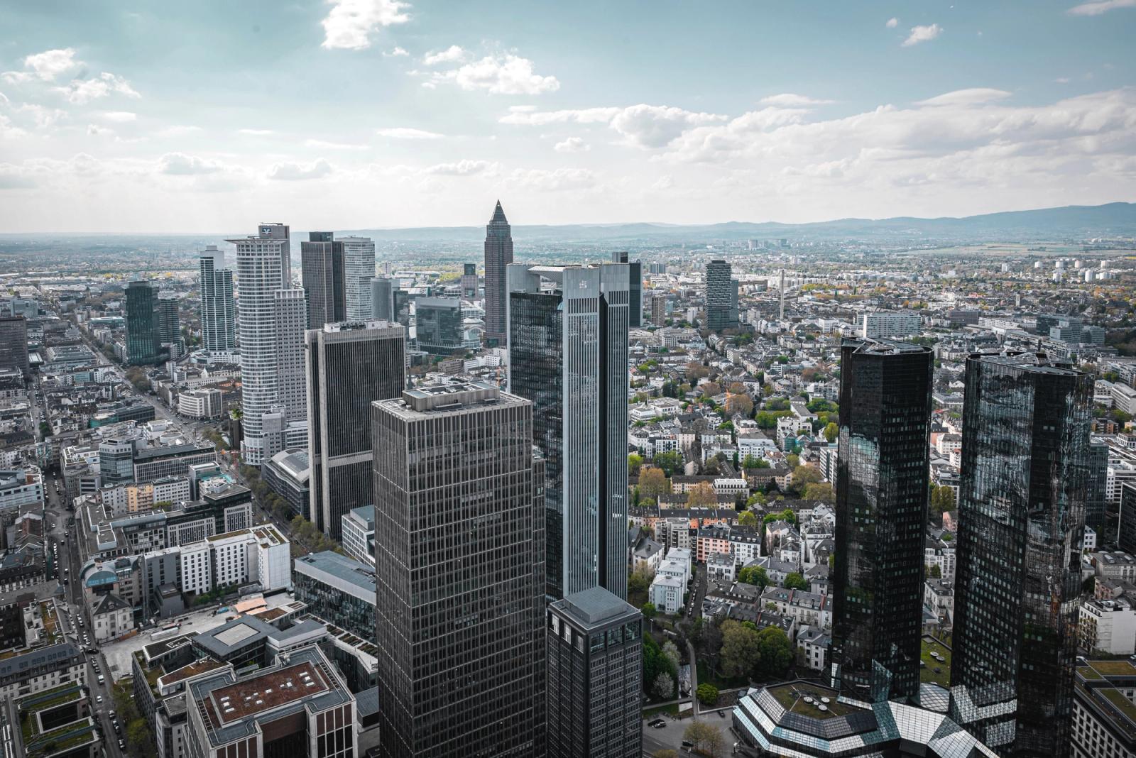 Aerial view of Frankfurt am Main's modern skyline on a clear day