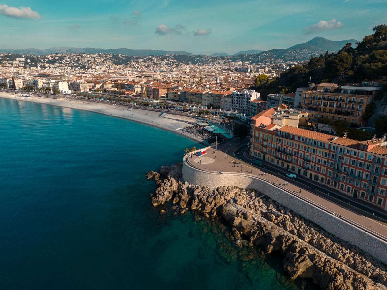 Stunning aerial view of Nice's coastal cityscape along the Mediterranean Sea