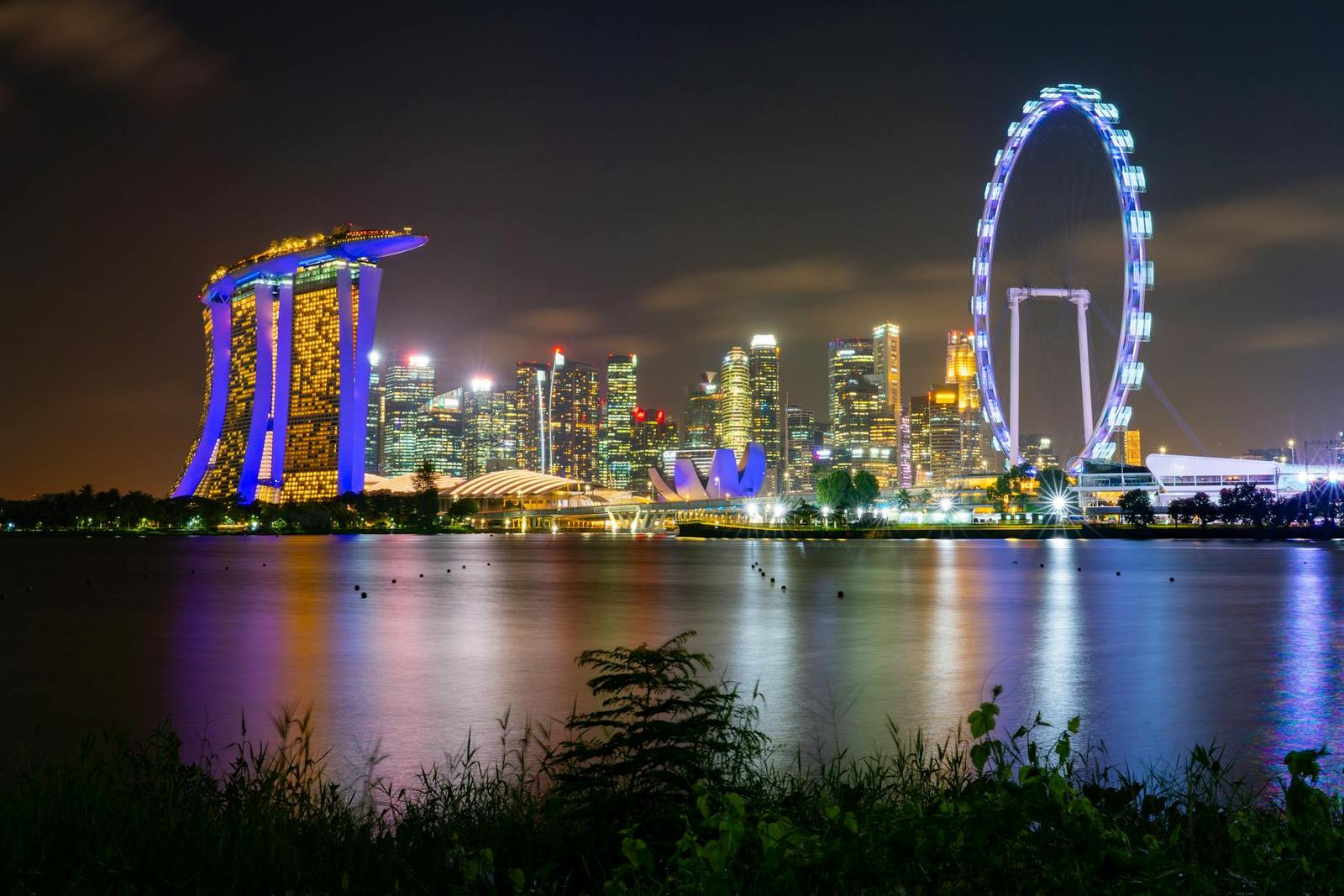 Experience Singapore's illuminated skyline featuring Marina Bay Sands and the Singapore Flyer at night