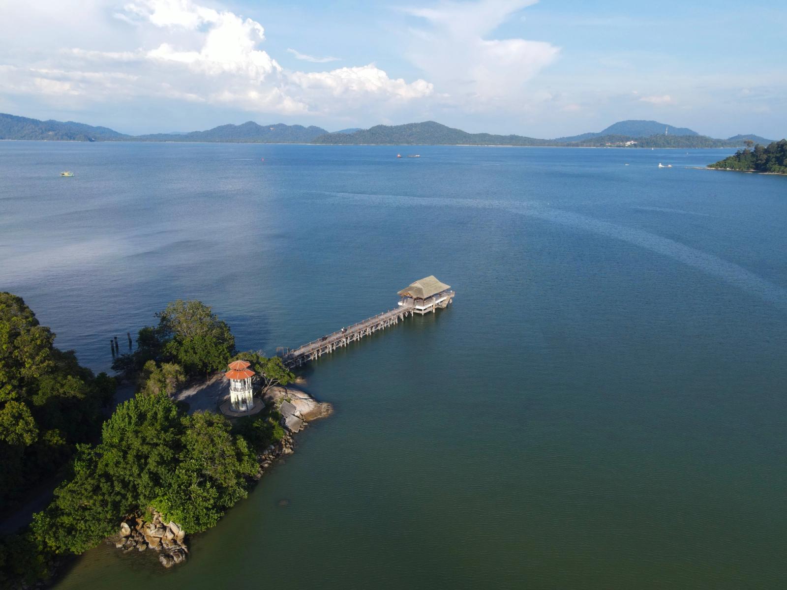 A stunning aerial view of the jetty at Pangkor Island, Malaysia, with serene ocean vistas