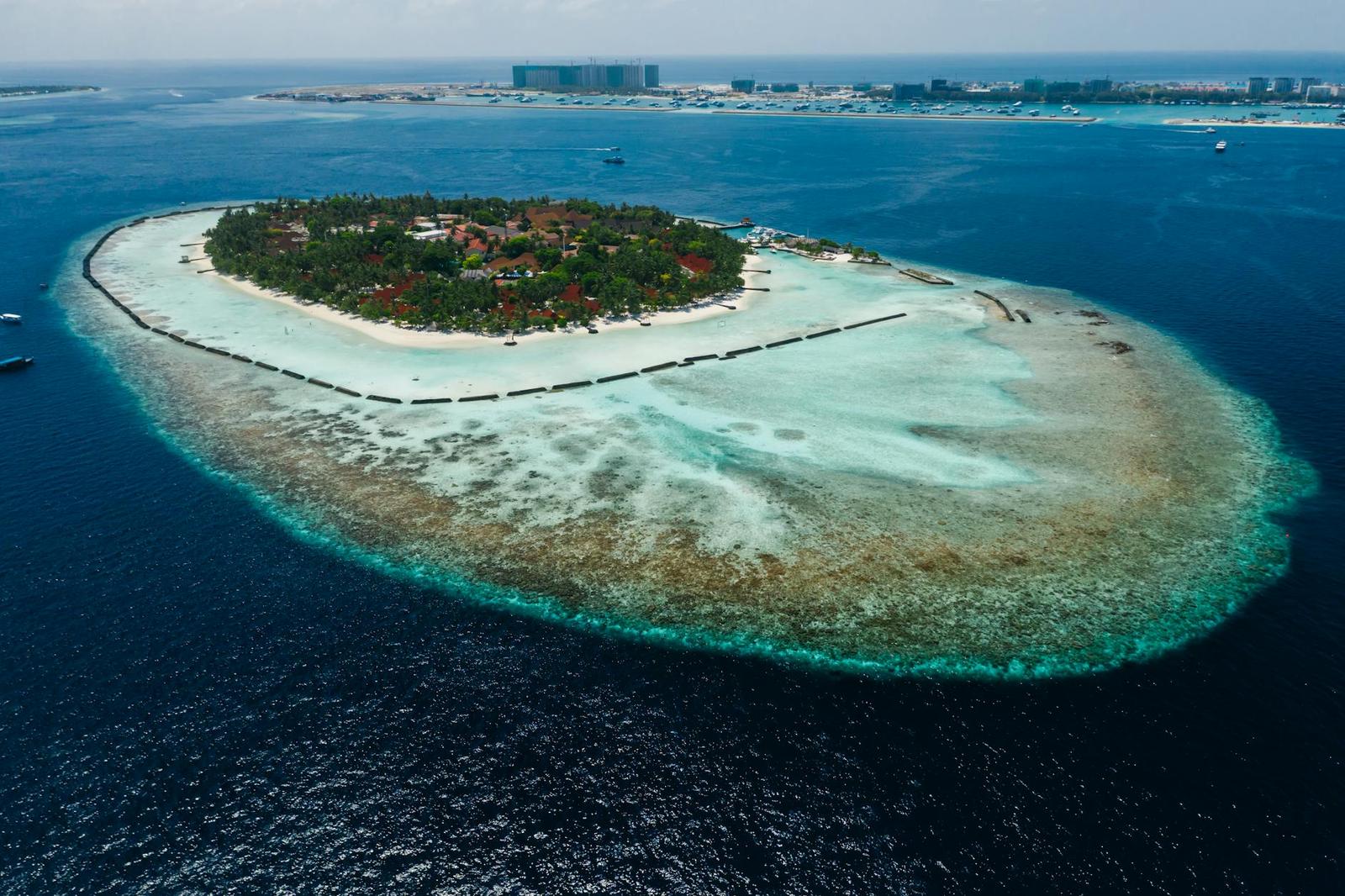 Aerial view of a resort island ringed by reef with a city skyline beyond