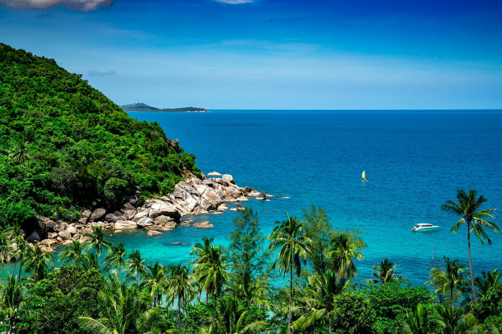 Aerial view of a turquoise bay ringed by palms and a green headland