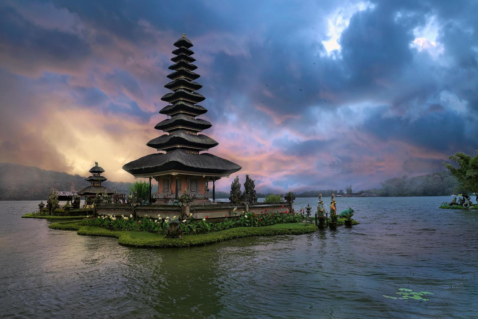 Ulun Danu Bratan Temple in Bali, Indonesia, beautifully reflected on the lake at twilight