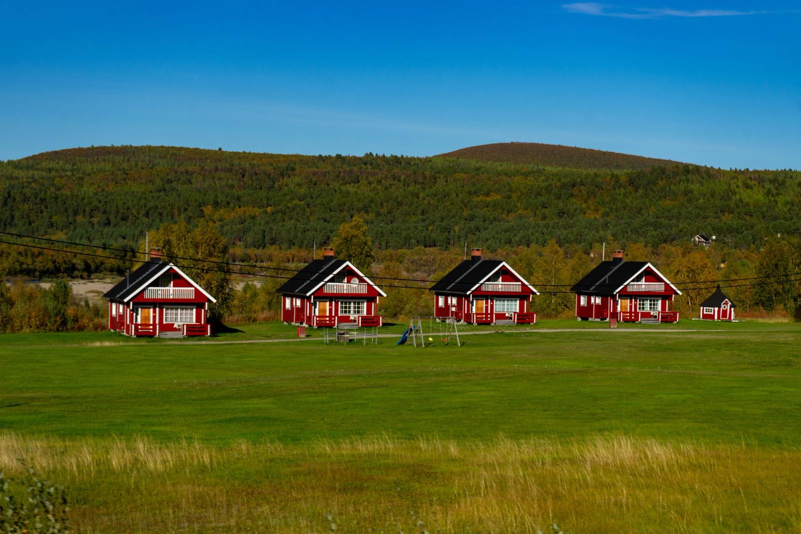 Red wooden cabins in Norway's rural landscape surrounded by lush greenery and hills under a clear blue sky