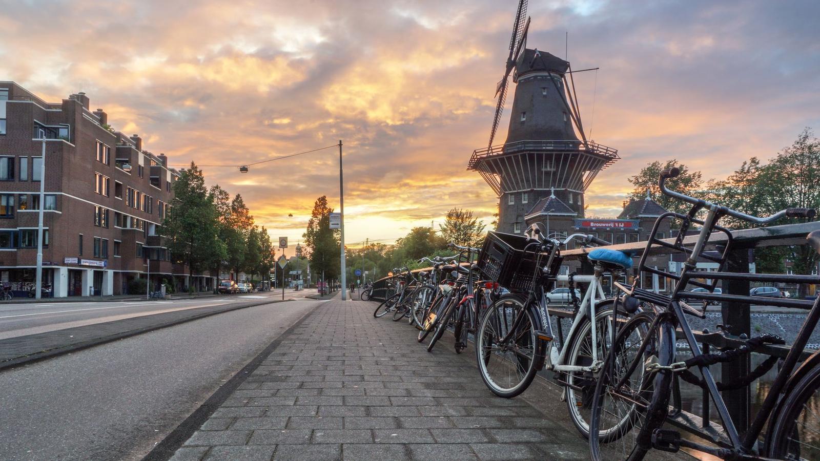 Scenic view of bicycles lined up along a street with a windmill in Amsterdam during sunset
