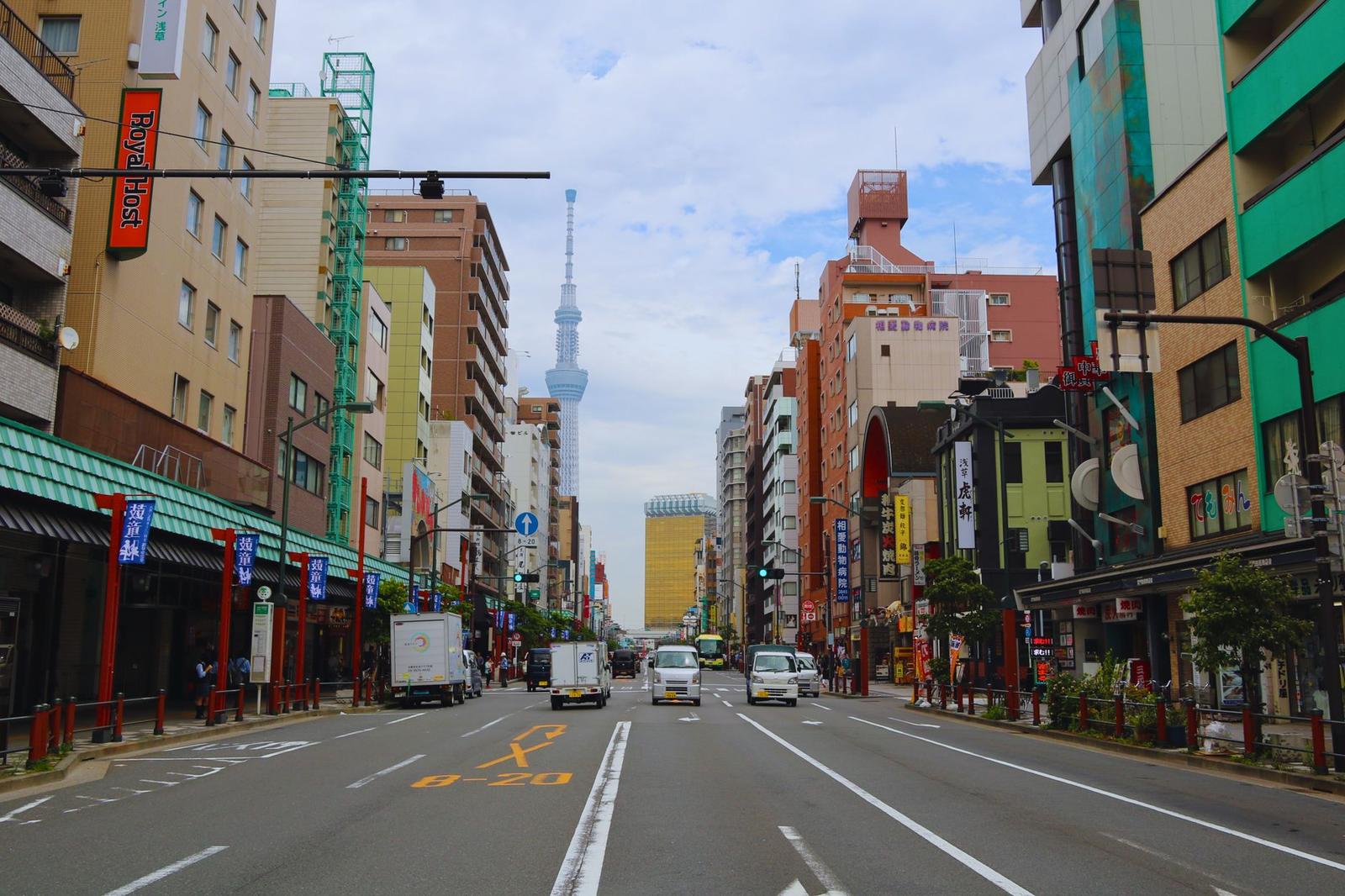 Vibrant street view in Tokyo with Skytree tower and bustling activity