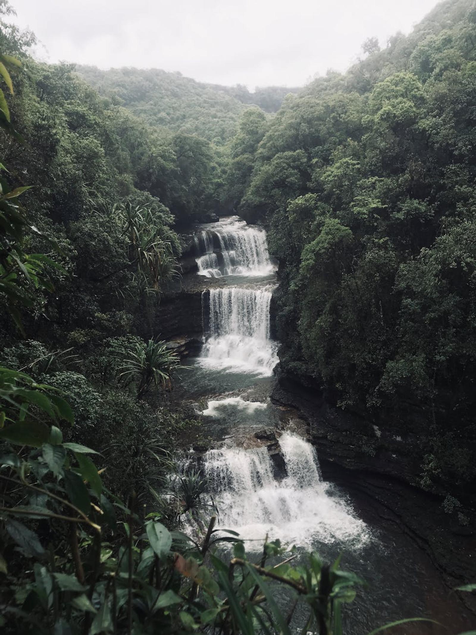 Majestic waterfall cascading through lush jungle foliage in Cherrapunjee, India