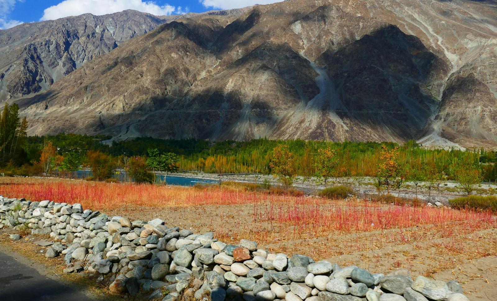 Stacked stone wall bordering red-hued fields beneath a barren mountainside