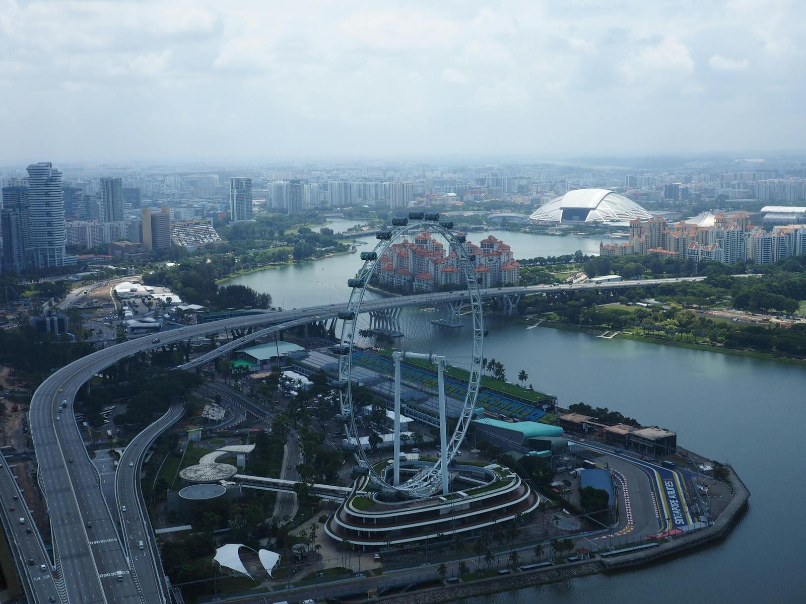 A large observation wheel stands beside a river with a stadium and skyline behind