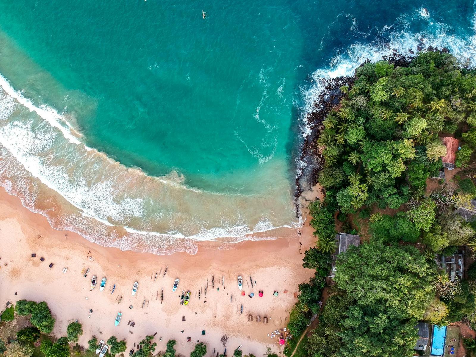 Aerial view of a crescent beach with boats and bathers beside a wooded point