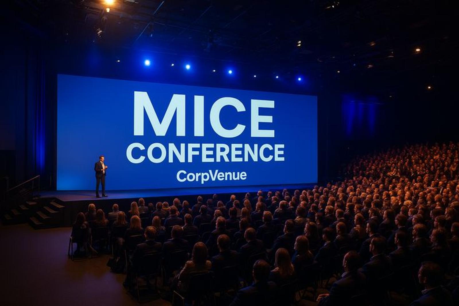 Conference plenary hall under stage lighting