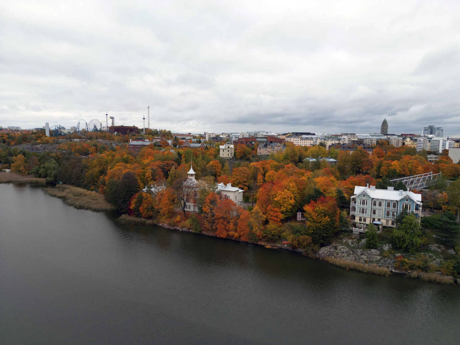 Beautiful autumn foliage in Helsinki with a historic view from above