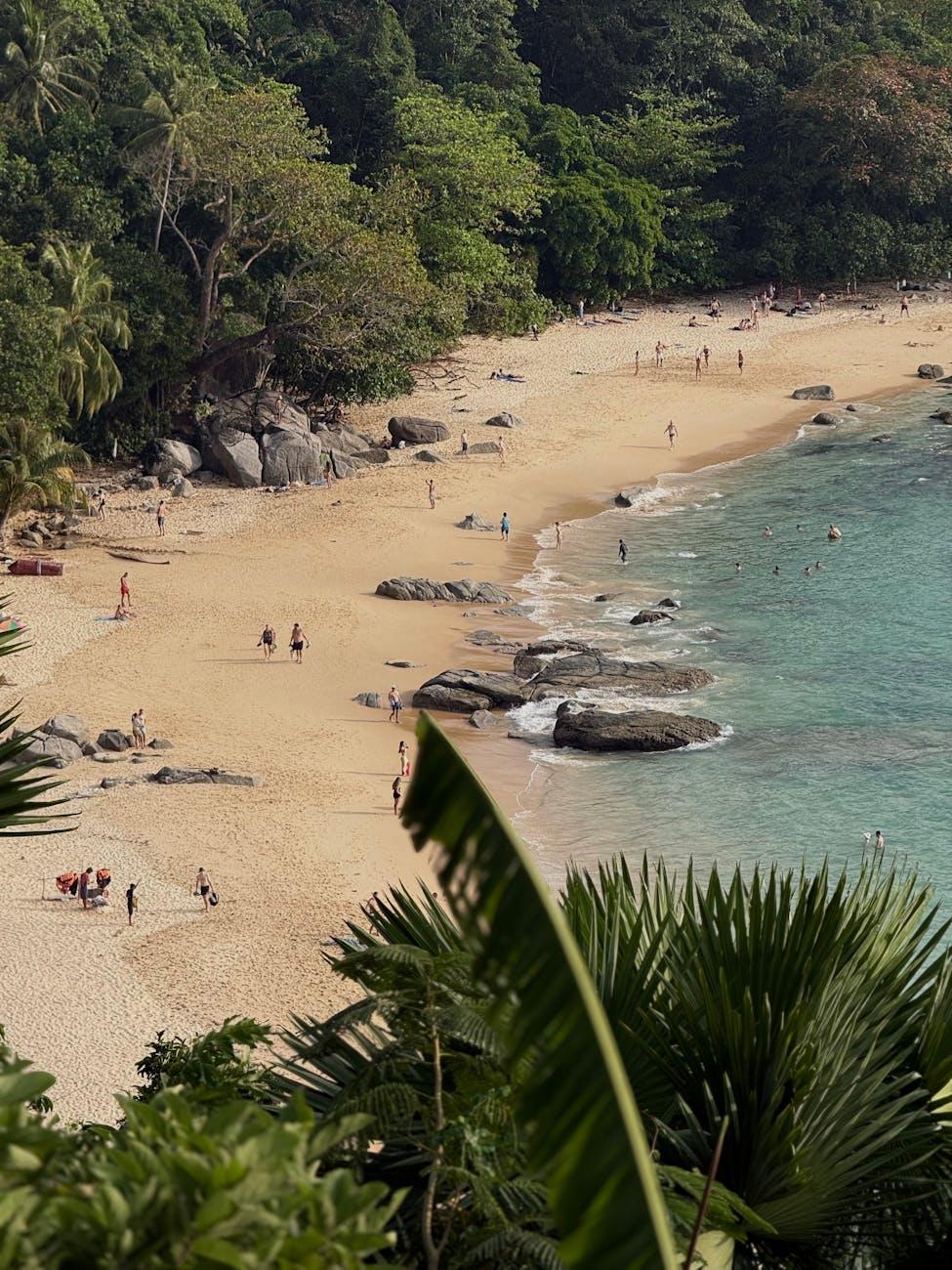 Rocky cove beach dotted with sunbathers beside turquoise water
