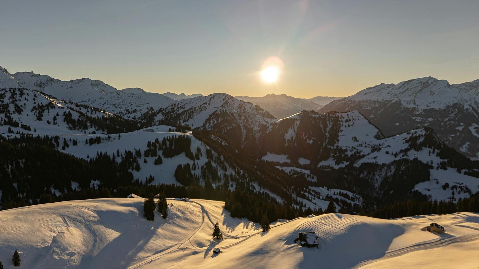 Sun setting behind snow-covered mountain ridges with scattered pines