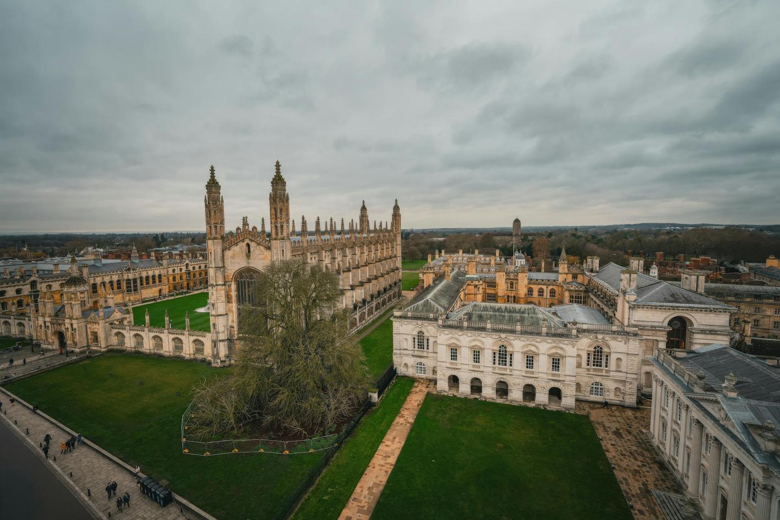 Stunning aerial shot of King's College Chapel, Cambridge, on a cloudy day